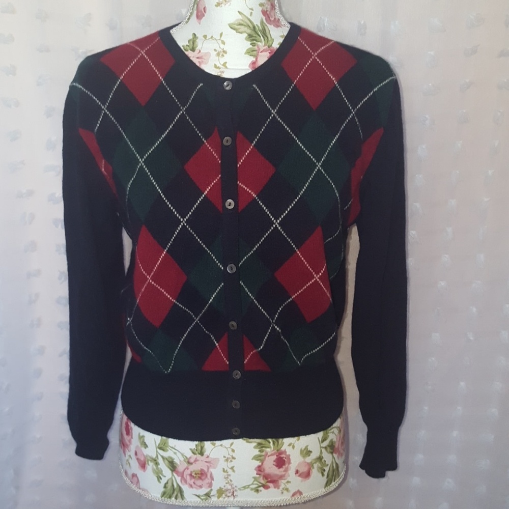 Lord&Taylor 2-Ply Cashmere Argyle Cardigan EUC
